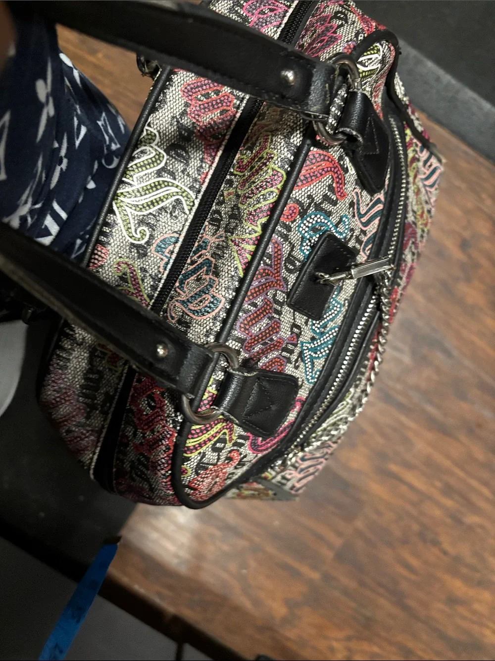 Juicy Couture Multicolor Logo Print Dome Satchel with Black Trim w:straps